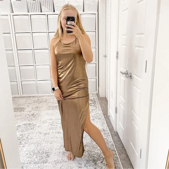 NEW NBD Bronze Metallix Maxi Dress Halter